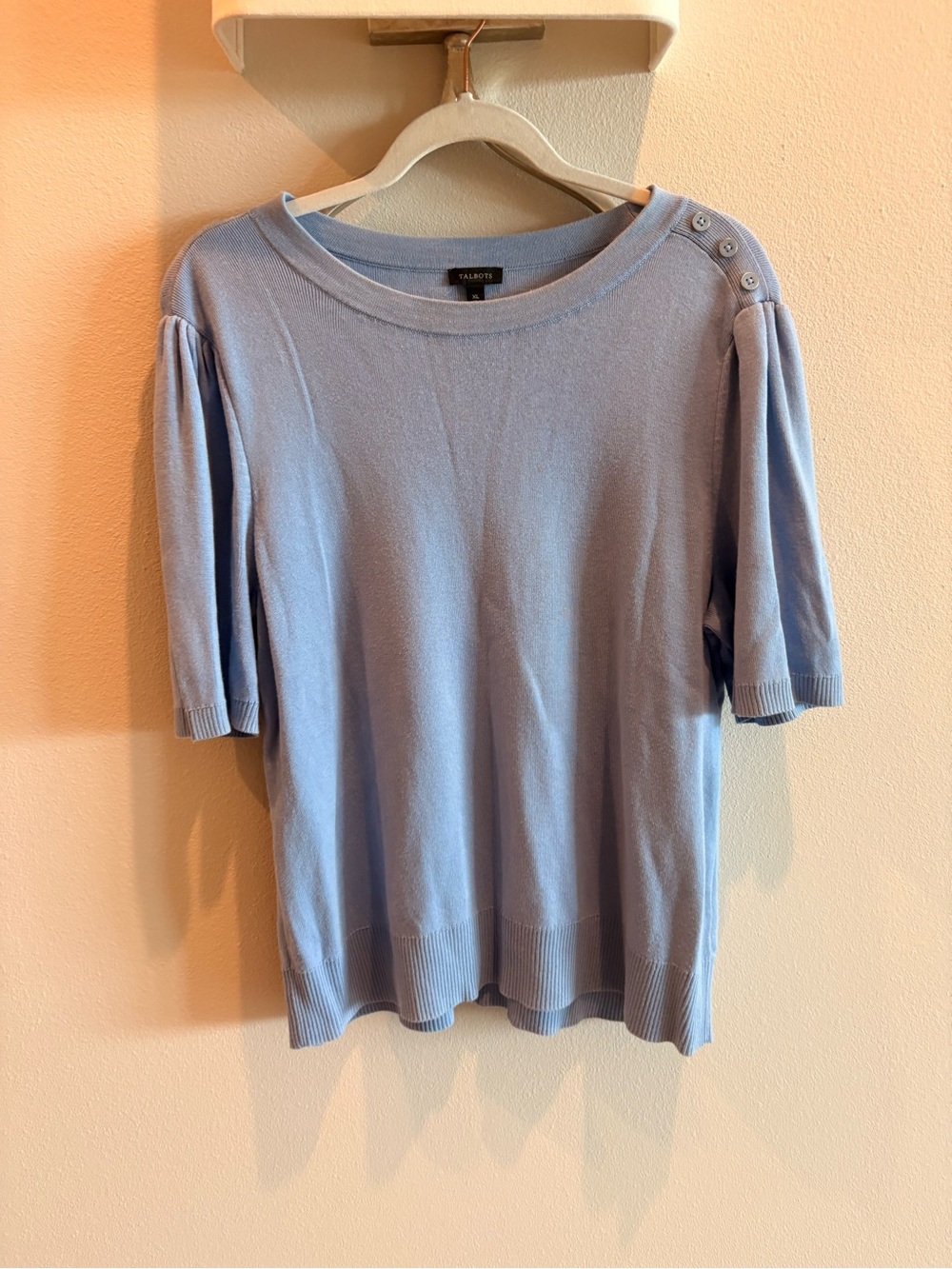Talbots Light Blue 3/4 Sleeve Button-Shoulder Knit Top